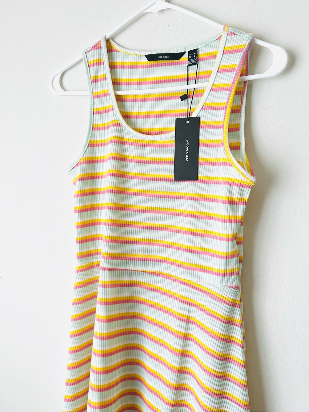 Vero Moda Ribbed Stripe Tank Dress in White, Yellow & Pink - Picture 7 of 7